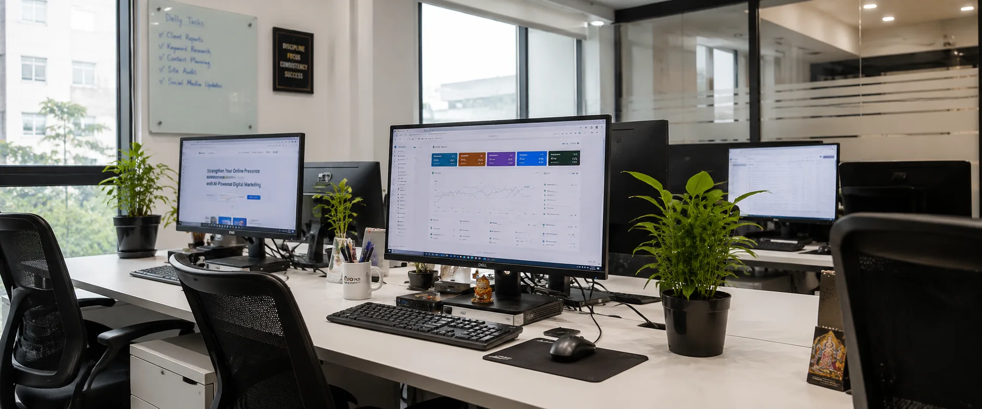 Modern office workspace with desktop computers