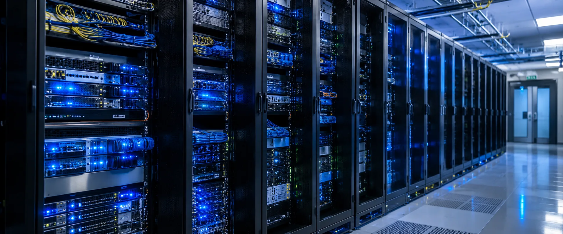 Server room with organized server racks and blue LED lights