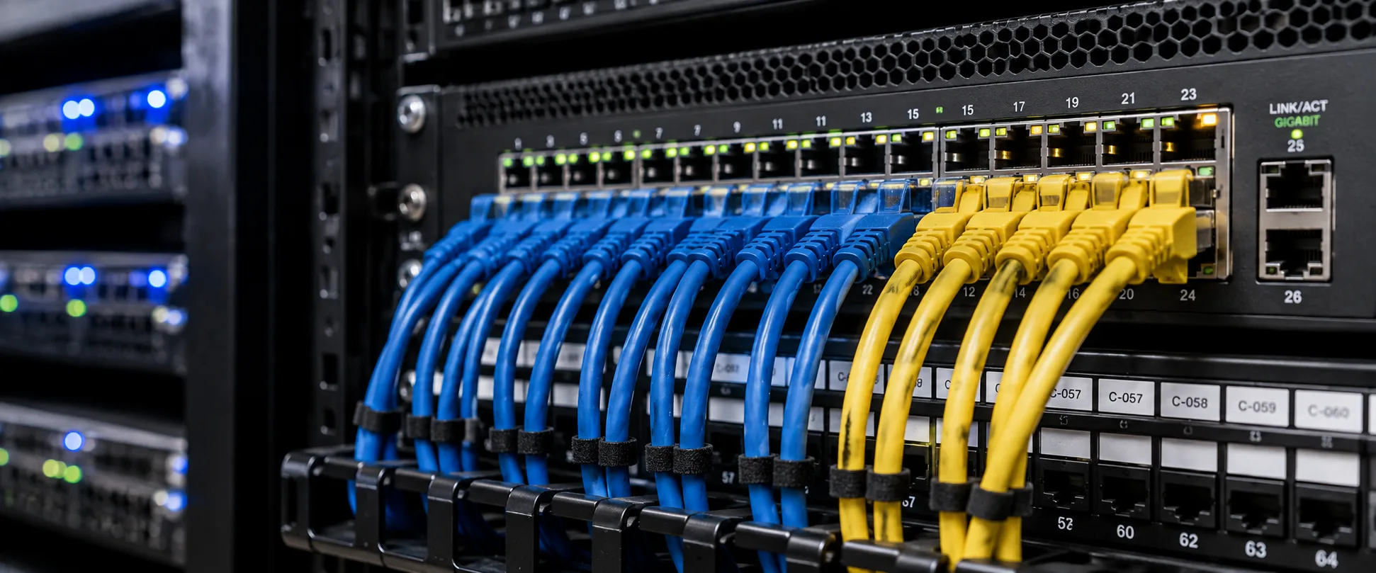 Network patch panel with Cat6 ethernet cables and switch