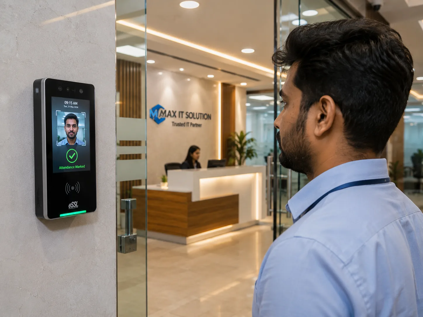 Biometric face recognition attendance device at office entrance