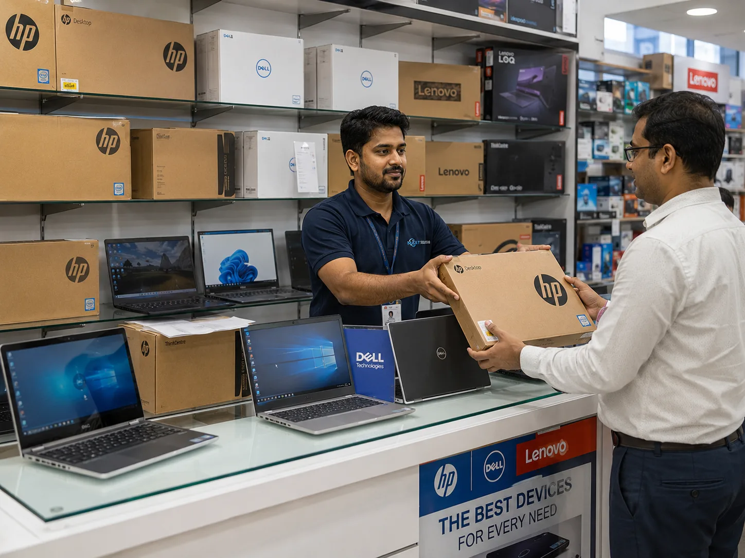 Laptops and desktop computers in dealer showroom